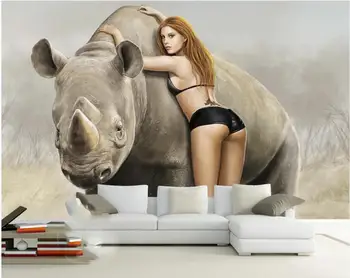 Индивидуални 3D стенописи тапети ръчно рисувани живопис носорог секси красавицата и звяра фреска, фон на стената