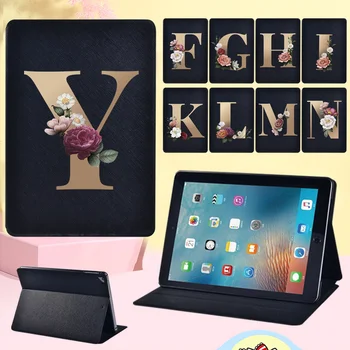 Калъф за таблет Apple iPad Air 4/5/Air 3/Air 1/Air 2, флип-надолу Кожена Поставка с Цветя, златен модел от 26 Букви + Безплатна стилус